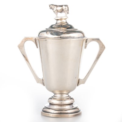 Lot 301 - A GEORGE V SILVER AND ENAMEL TWO-HANDLED TROPHY CUP