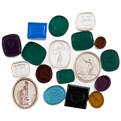 Lot 504 - EIGHTEEN VARIOUS 19TH CENTURY CLEAR AND COLOURED PASTE INTAGLIO SEALS