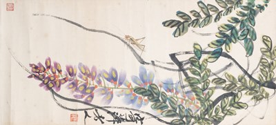 Lot 146 - QI BAISHI (1864-1957), WISTERIA AND GRASSHOPPER