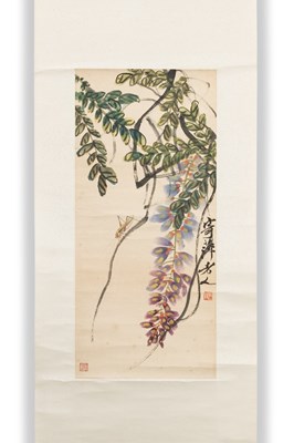 Lot 146 - QI BAISHI (1864-1957), WISTERIA AND GRASSHOPPER