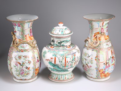 Lot 80 - A LARGE PAIR OF CANTONESE FAMILLE ROSE VASES, 19TH CENTURY