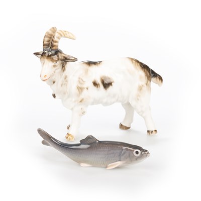 Lot 1054 - A CONTINENTAL PORCELAIN MODEL OF A GOAT AND A BING & GRONDAHL MODEL OF A FISH