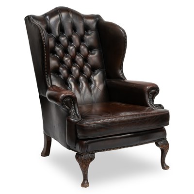 Lot 688 - A GEORGIAN STYLE LEATHER WING-BACK ARMCHAIR