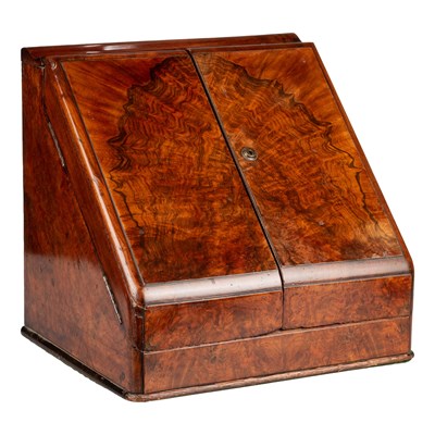 Lot 733 - A VICTORIAN BURR WALNUT SLANT-FRONT STATIONERY BOX