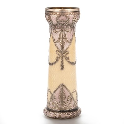 Lot 459 - A GERMAN SILVER GUILLOCHÉ ENAMEL BUD VASE