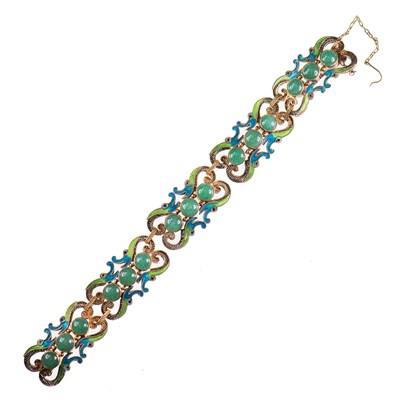 Lot 565 - A CHINESE AVENTURINE QUARTZ AND ENANMEL FILIGREE BRACELET