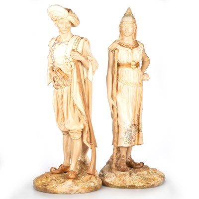 Lot 54 - A PAIR OF ROYAL WORCESTER LARGE FIGURES OF BRINGAREE INDIANS, MODELLED BY JAMES HADLEY