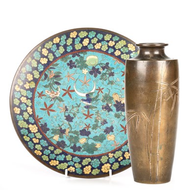 Lot 142 - A JAPANESE CLOISONNE DISH AND A JAPANESE INLAID BRONZE VASE
