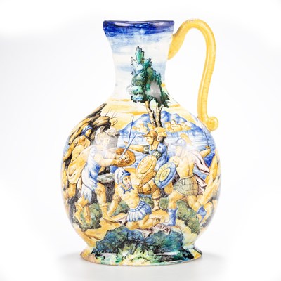 Lot 44 - AN ITALIAN MAIOLICA ISTORIATO EWER, PROBABLY CANTAGALLI, 19TH CENTURY