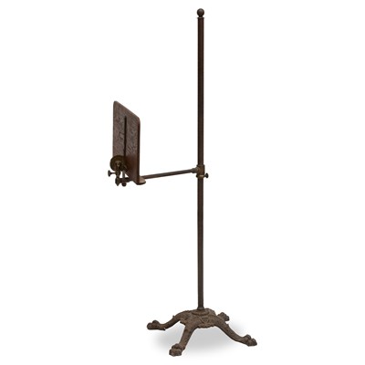 Lot 1244 - A VICTORIAN BRASS, CAST IRON AND MAHOGANY ADJUSTABLE MUSIC STAND