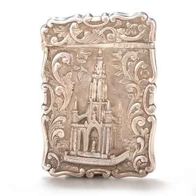 Lot 297 - A VICTORIAN SILVER CASTLE-TOP CARD CASE, THE SCOTT MEMORIAL