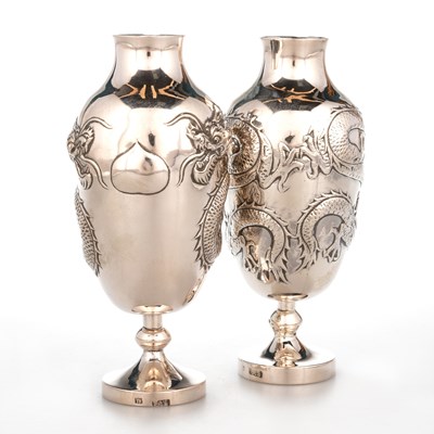 Lot 397 - A PAIR OF CHINESE SILVER VASES