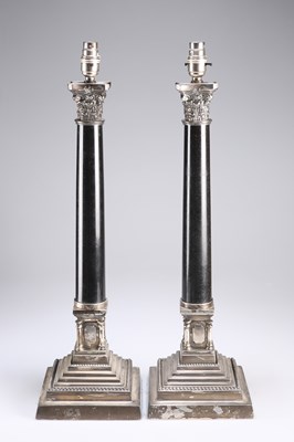 Lot 644 - A HANDSOME PAIR OF SILVER-PLATE MOUNTED BLACK MARBLE TABLE LAMPS