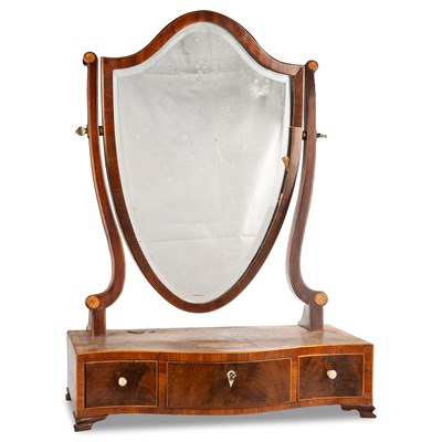 Lot 1235 - A SHERATON STYLE INLAID AND CROSSBANDED MAHOGANY TOILET MIRROR, CIRCA 1900