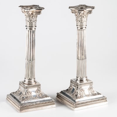 Lot 268 - A PAIR OF LATE VICTORIAN SILVER CORINTHIAN COLUMN CANDLESTICKS