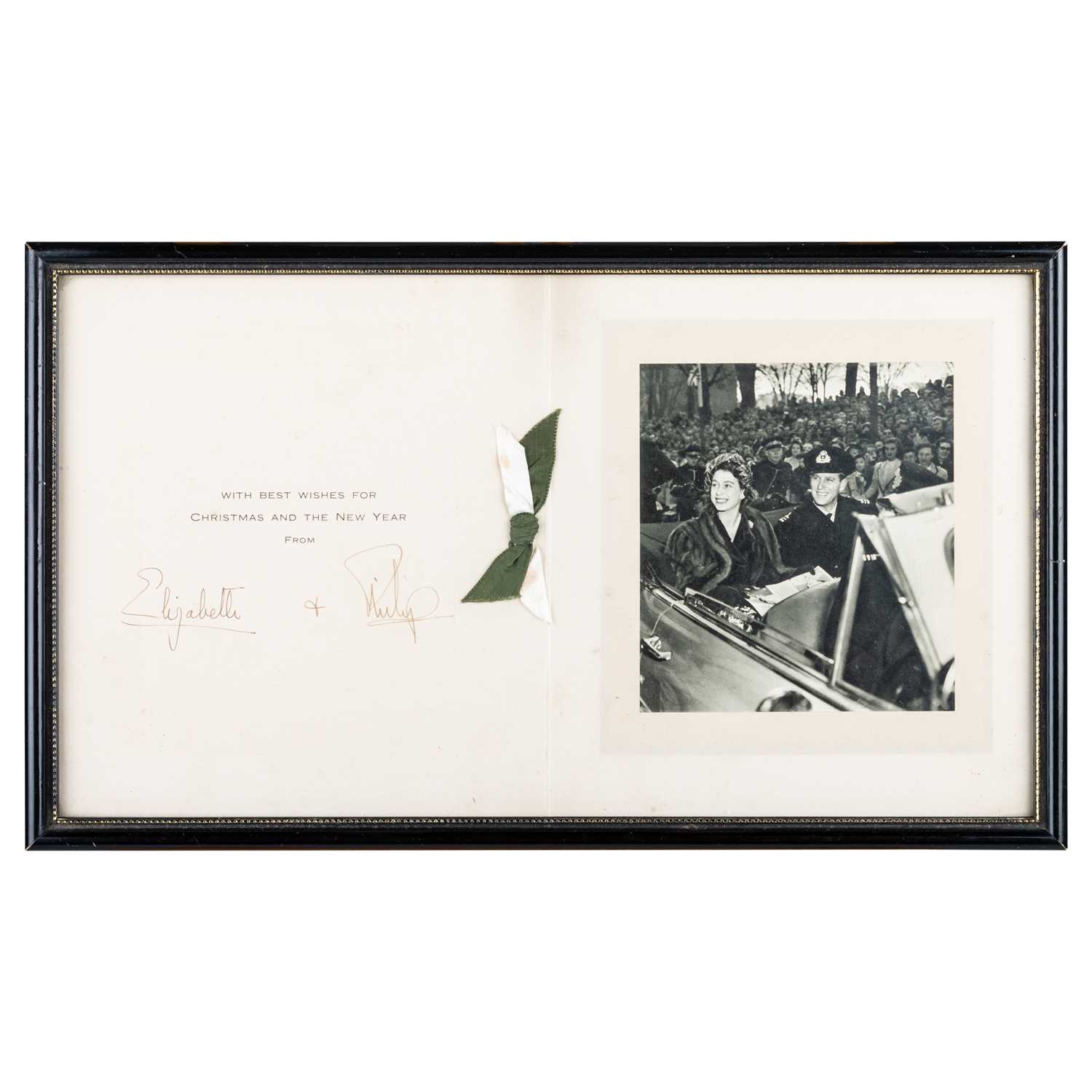 Lot 1 - TRH THE PRINCESS ELIZABETH (LATER HM QUEEN ELIZABETH II) AND THE DUKE OF EDINBURGH, A FRAMED CARD