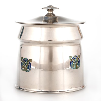 Lot 257 - ARCHIBALD KNOX (1864-1933) FOR LIBERTY & CO, A SILVER AND ENAMEL JAR