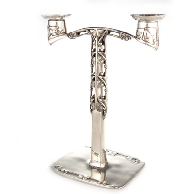 Lot 470 - ARCHIBALD KNOX (1864-1933) FOR LIBERTY & CO, A TUDRIC PEWTER CANDELABRUM