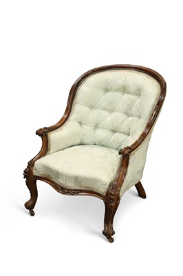 Lot 666 - A VICTORIAN ROSEWOOD AND UPHOLSTERED SALON CHAIR, CIRCA 1870