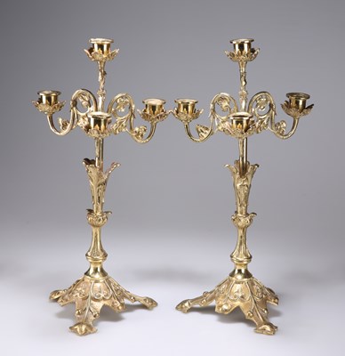 Lot 1096 - A PAIR OF GILT-BRASS FOUR-LIGHT CANDELABRA, 20TH CENTURY