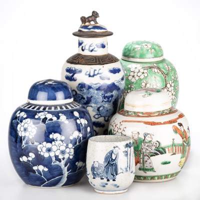 Lot 112 - THREE CHINESE PORCELAIN GINGER JARS; A 19TH CENTURY CHINESE VASE AND COVER; AND A BEAKER