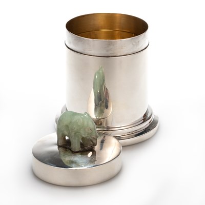 Lot 378 - A STERLING SILVER AND JADE CADDY