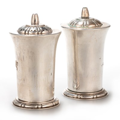 Lot 215 - A PAIR OF GEORGE VI SILVER SALT AND PEPPER POTS