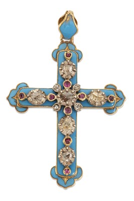 Lot 1629 - A 19TH CENTURY BLUE ENAMEL, DIAMOND AND RUBY CROSS PENDANT