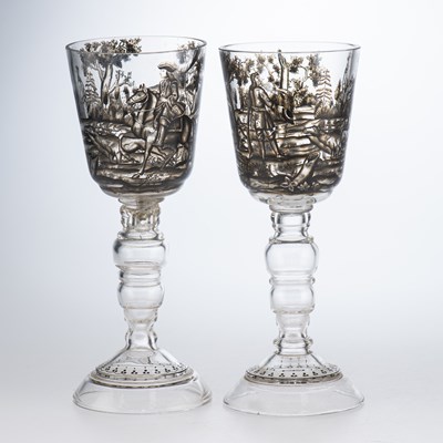 Lot 33 - A PAIR OF SCHWARTZLOT ENAMELLED GLASS GOBLETS, MID-19TH CENTURY