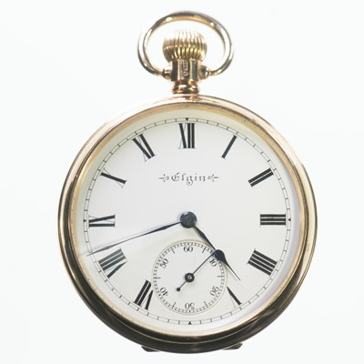 Lot 493 - A 9CT GOLD OPEN FACED ELGIN POCKET WATCH