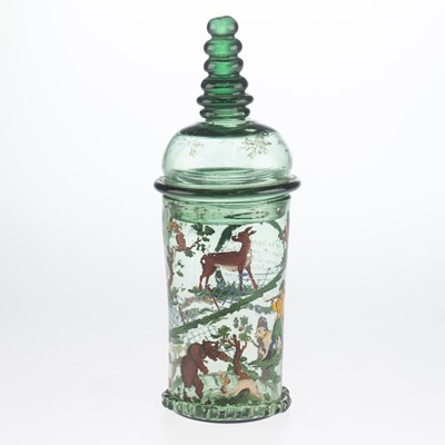 Lot 1035 - A BOHEMIAN PAINTED AND LIDDED BEAKER, CIRCA 1770