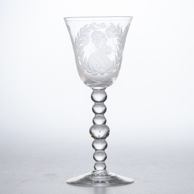 Lot 32 - A DUTCH-ENGRAVED NEWCASTLE LIGHT BALUSTER WINE GLASS, MID-18TH CENTURY