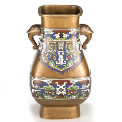 Lot 132 - A LARGE CHINESE CLOISONNÉ ENAMEL AND BRONZE VASE, HU