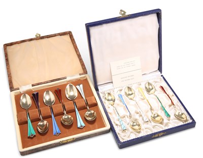 Lot 1056 - TWO CASED SETS OF SIX SCANDINAVIAN SILVER GILT AND HARLEQUIN ENAMEL COFFEE SPOONS