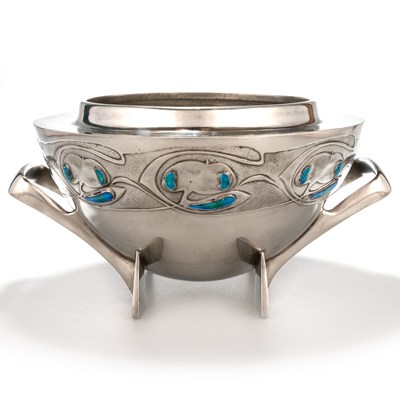 Lot 167 - ARCHIBALD KNOX (1864-1933) FOR LIBERTY & CO, A TUDRIC PEWTER AND ENAMEL ROSE BOWL
