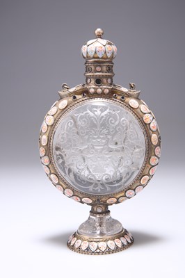 Lot 475 - A VIENNESE ENAMEL, SILVER-GILT AND ROCK CRYSTAL PILGRIM FLASK, BY HERMANN RATZERSDORFER, CIRCA 1860