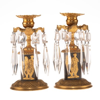 Lot 253 - A PAIR OF 19TH CENTURY CUT-GLASS AND BRONZE DRUM CANDLESTICKS