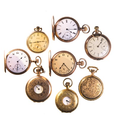 Lot 154 - AN ASSORTMENT OF 8 YELLOW METAL POCKET WATCHES FOR SPARES OR REPAIRS