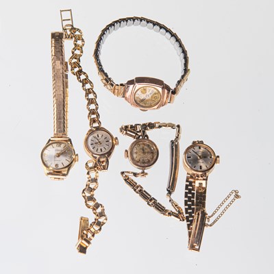 Lot 420 - AN ASSORTMENT OF FIVE LADY'S GOLD WATCHES