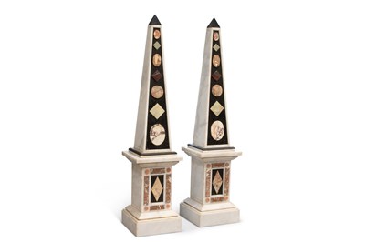 Lot 733 - A PAIR OF IMPRESSIVE LARGE ITALIAN MARBLE AND SPECIMEN MARBLE OBELISKS