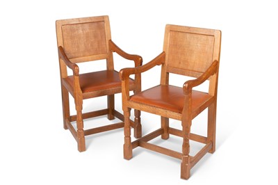 Lot 764 - ROBERT THOMPSON OF KILBURN, A PAIR OF MOUSEMAN OAK ELBOW CHAIRS