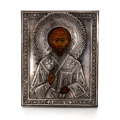 Lot 198 - A LATE 19TH CENTURY SILVER-MOUNTED RUSSIAN ICON