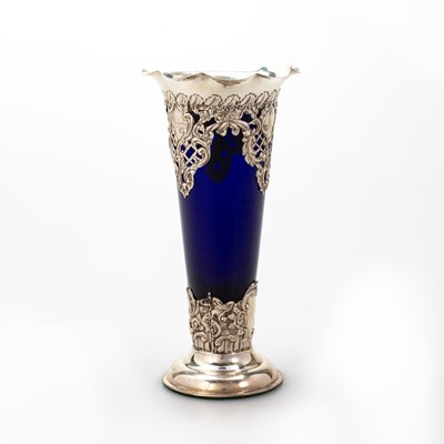 Lot 436 - A PAIR OF EDWARDIAN SILVER AND BLUE GLASS VASES