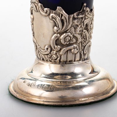 Lot 436 - A PAIR OF EDWARDIAN SILVER AND BLUE GLASS VASES