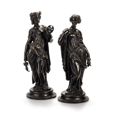 Lot 493 - A PAIR OF FRENCH BRONZE ALLEGORICAL FIGURES, 19TH CENTURY