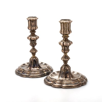 Lot 218 - A PAIR OF 18TH CENTURY ITALIAN SILVER CANDLESTICKS