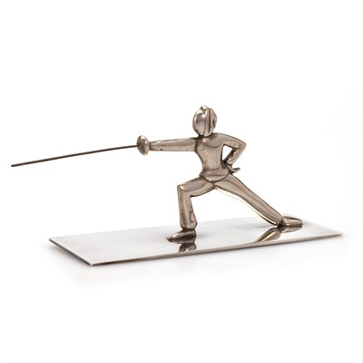 Lot 59 - A HAGENAUER STYLE CHROMED FIGURE OF A FENCER