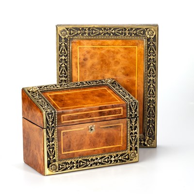 Lot 755 - A BRASS-MOUNTED STRING-INLAID BURR WALNUT STATIONERY BOX AND BLOTTER