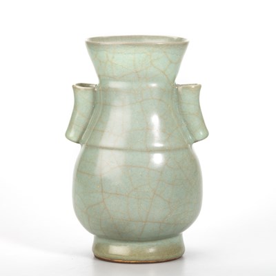 Lot 114 - A CHINESE GUAN-TYPE HU VASE AND A GUAN-TYPE PEAR-SHAPED VASE