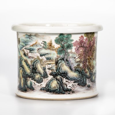 Lot 62 - A LARGE CHINESE FAMILLE ROSE 'LANDSCAPE' BRUSHPOT, BITONG, EARLY 20TH CENTURY